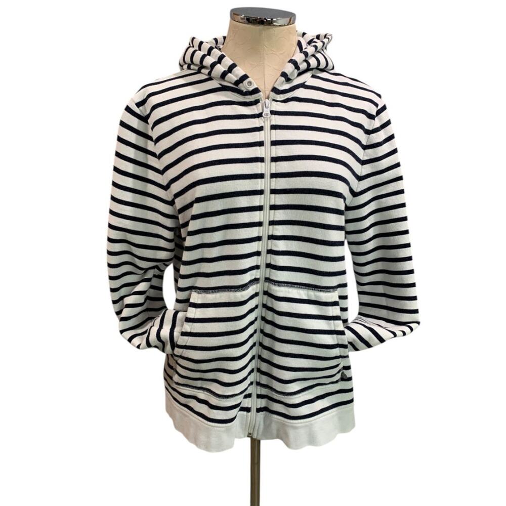 Size XL T by Talbots Womens Zip Up Hoodie Sweatshirt Navy Blue White Stripe